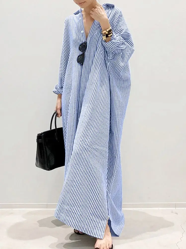 Alyssa Stylish Puff Sleeve Stripe Printed Maxi Dress - Elena Harper