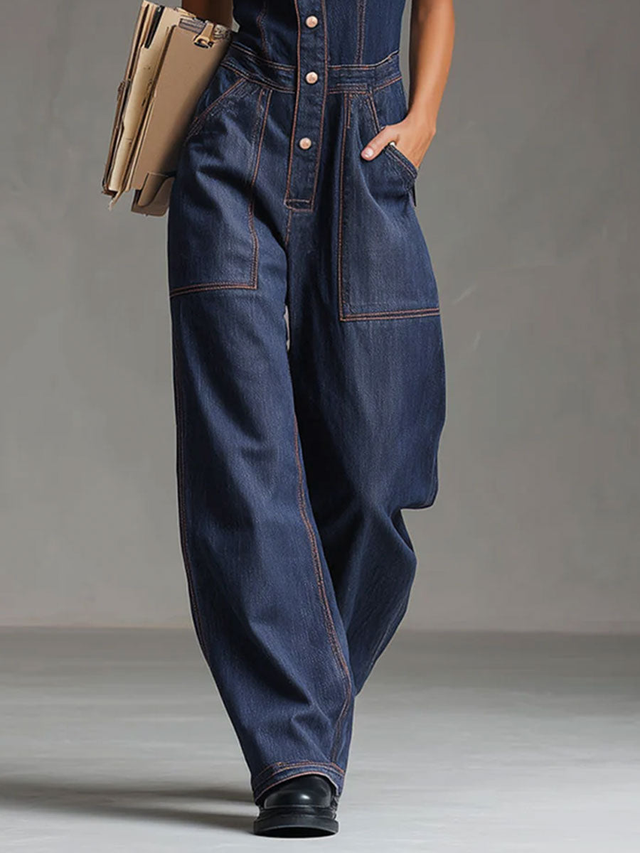 Casual Retro Multi-pocket Topstitching Dark Blue Denim Sleeveless Balloon Jumpsuit