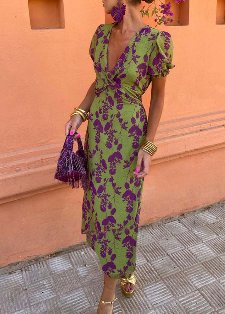 Aria Elegant Deep V-neck Dress With Leaf Pattern - Elena Harper
