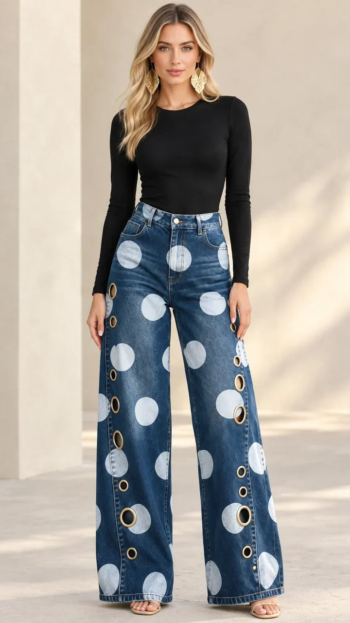 Alia Premium Polka-Dot Wide-Leg Jeans - Elena Harper