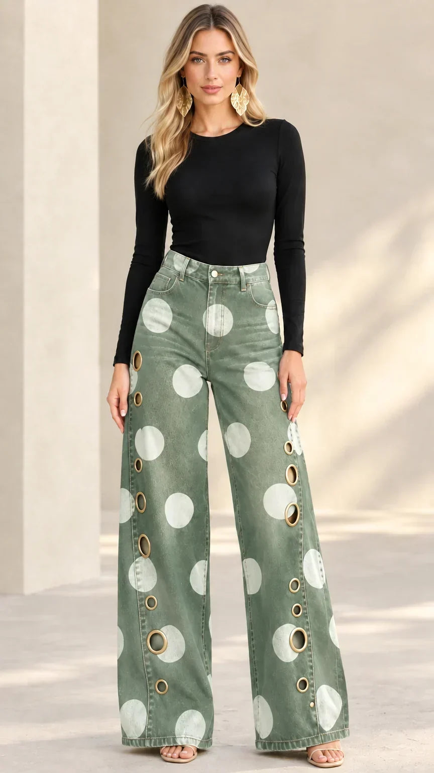Alia Premium Polka-Dot Wide-Leg Jeans - Elena Harper