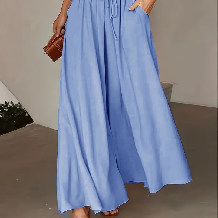 Women's Wide Leg Trousers Elegant Solid Color, Smooth Woven Polyester Fabric Casual Chic All Seasons Micro-Elastic Waist Long and Loose Fit, view 7 - Elena Harper
