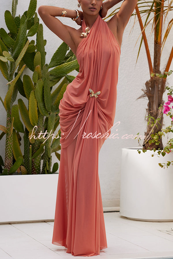 Touch of Drama Mesh Butterfly Metal Clips One Shoulder Backless Maxi Dress, view 10 - Elena Harper