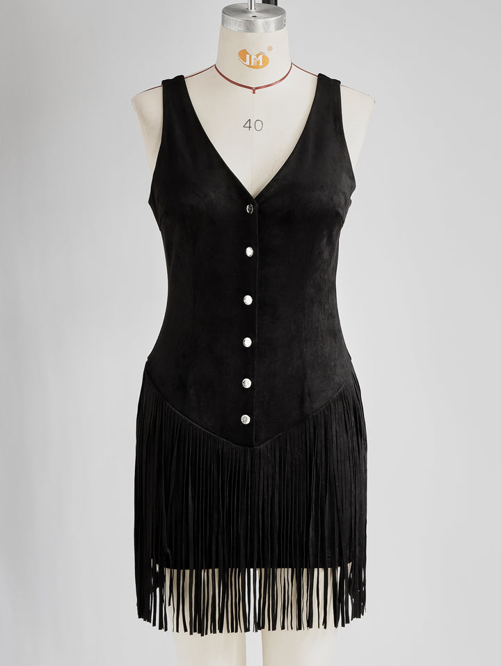 Western Retro Tassel Black Sleeveless V-Neck Faux Suede Mini Dress, view 7 - Elena Harper