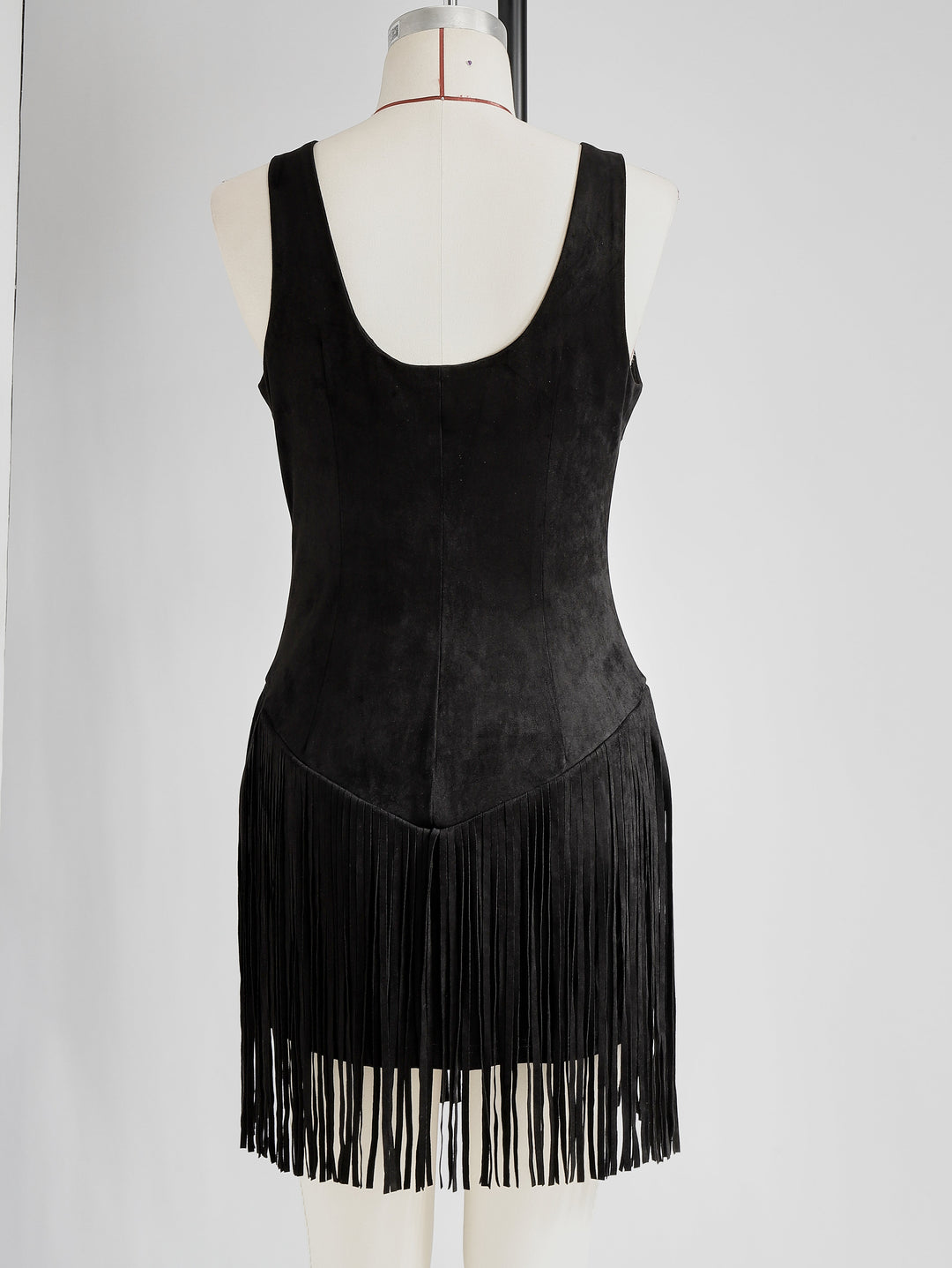 Western Retro Tassel Black Sleeveless V-Neck Faux Suede Mini Dress, view 8 - Elena Harper