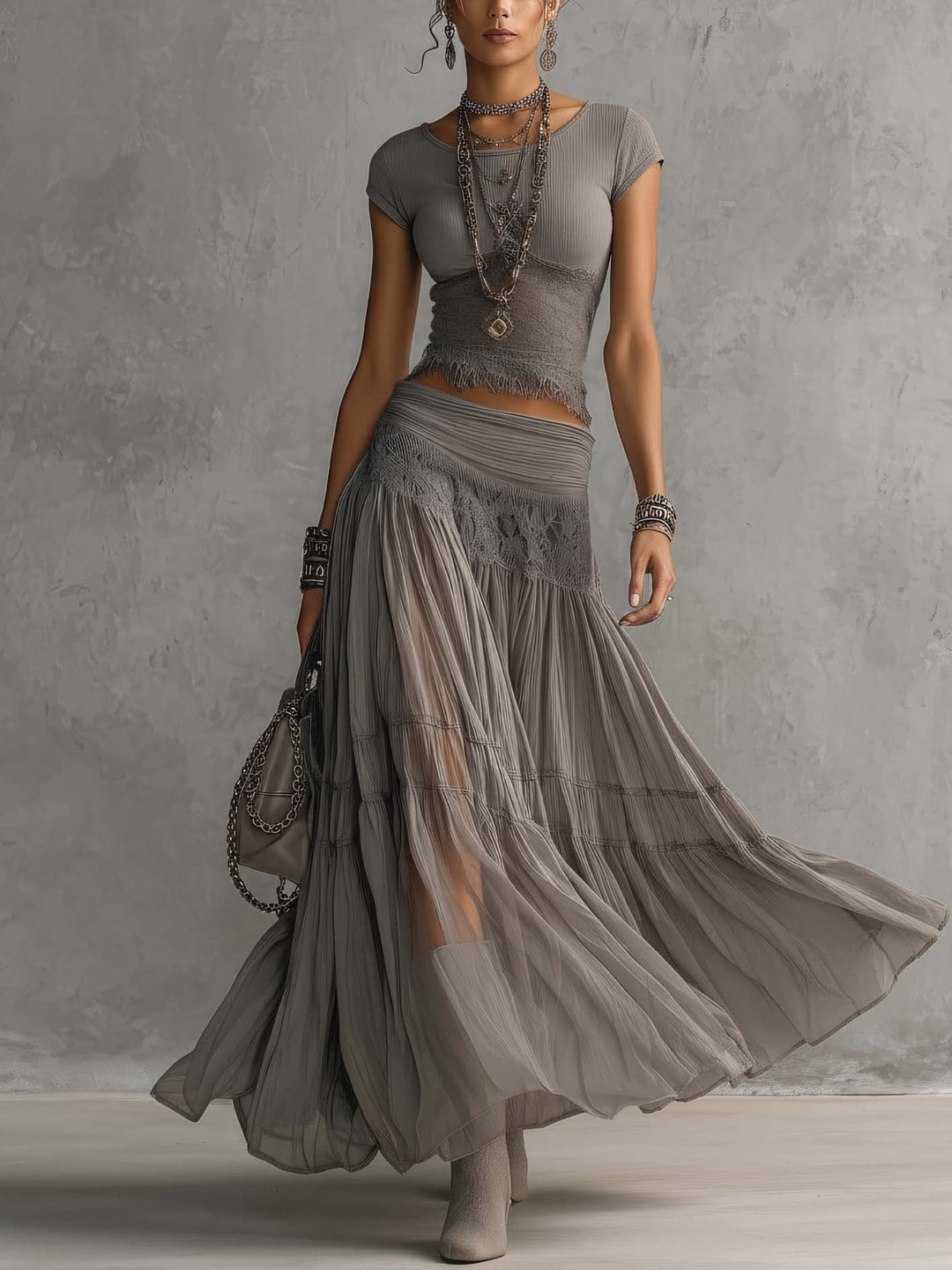 Elena Lace-Paneled Top and Pleated Maxi Skirt Set - Elena Harper