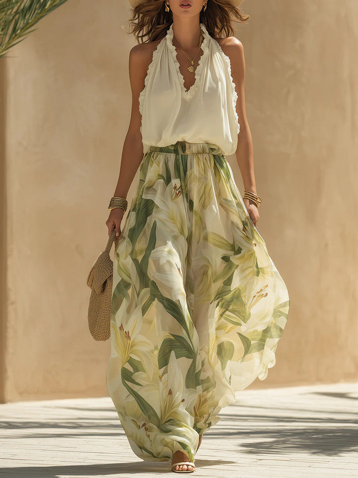Alessandra Chiffon Sleeveless Top with Ruffles and Lilium Print Trousers - Elena Harper