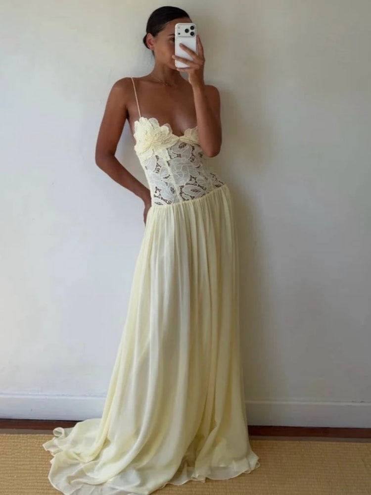 Creamy Yellow Lace Appliqué Chiffon Maxi Dress
