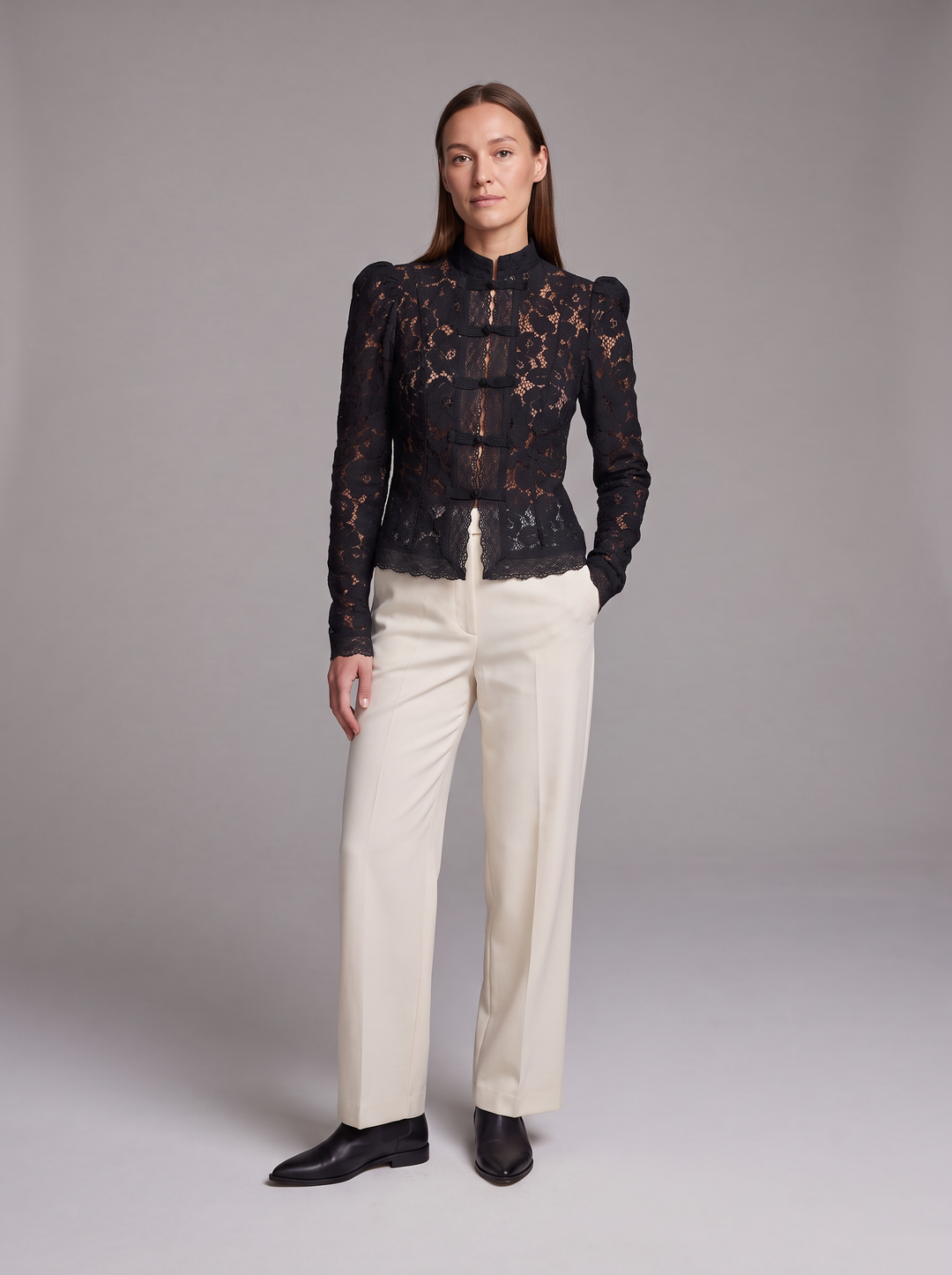Black Lace High Neck Long Sleeve Top