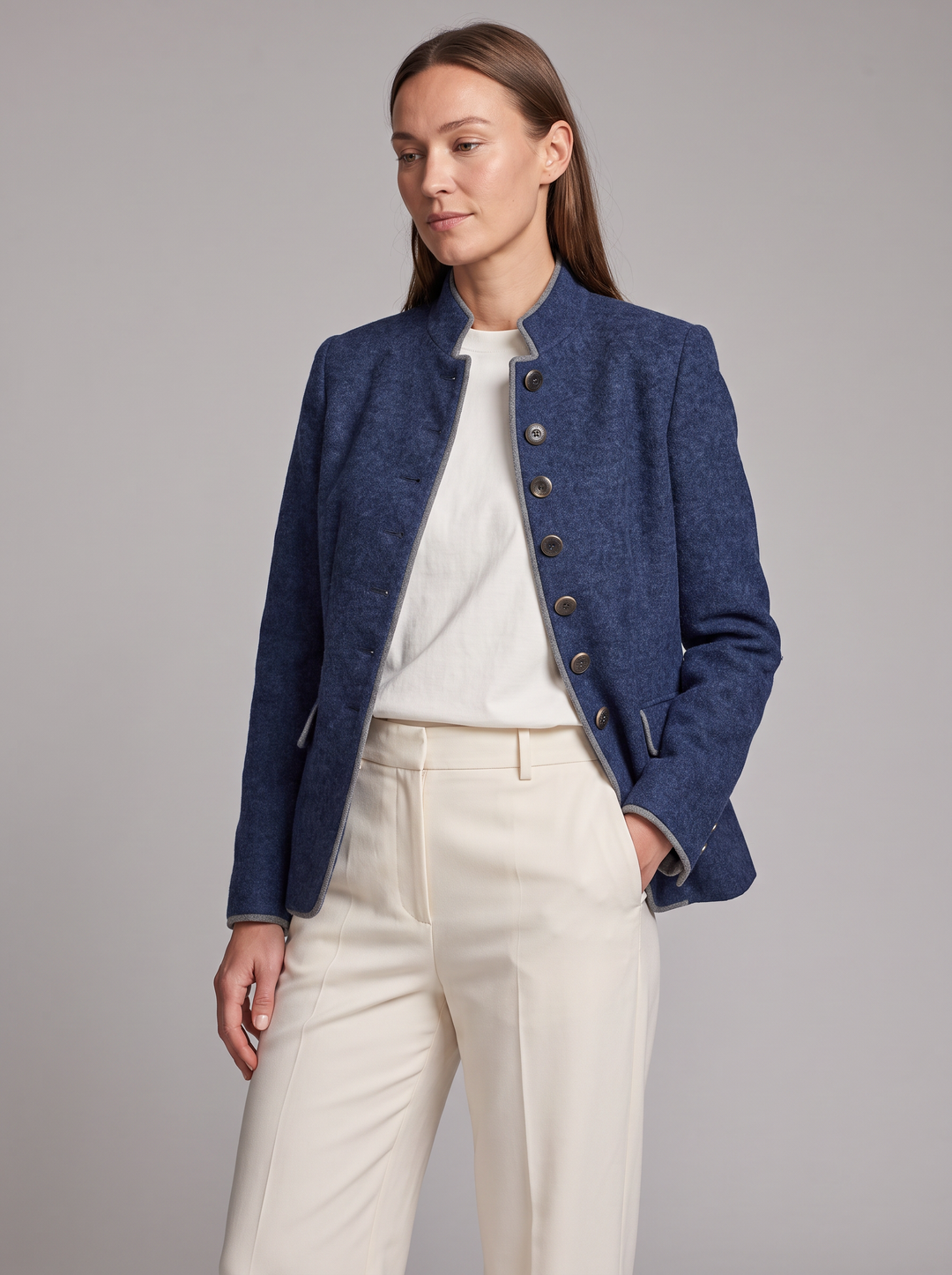 Blue Button Placket Cardigan Office Style
