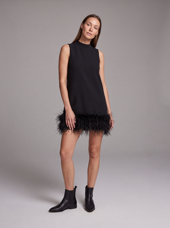 Feather Hem Mock Neck Cocktail Mini Dress
