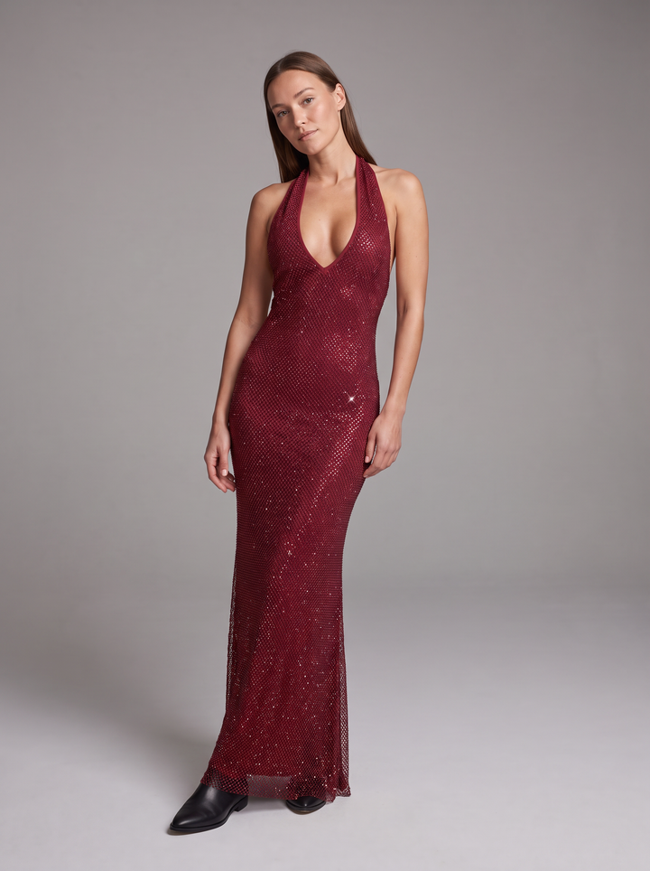 Burgundy Sequin Halter Maxi Dress