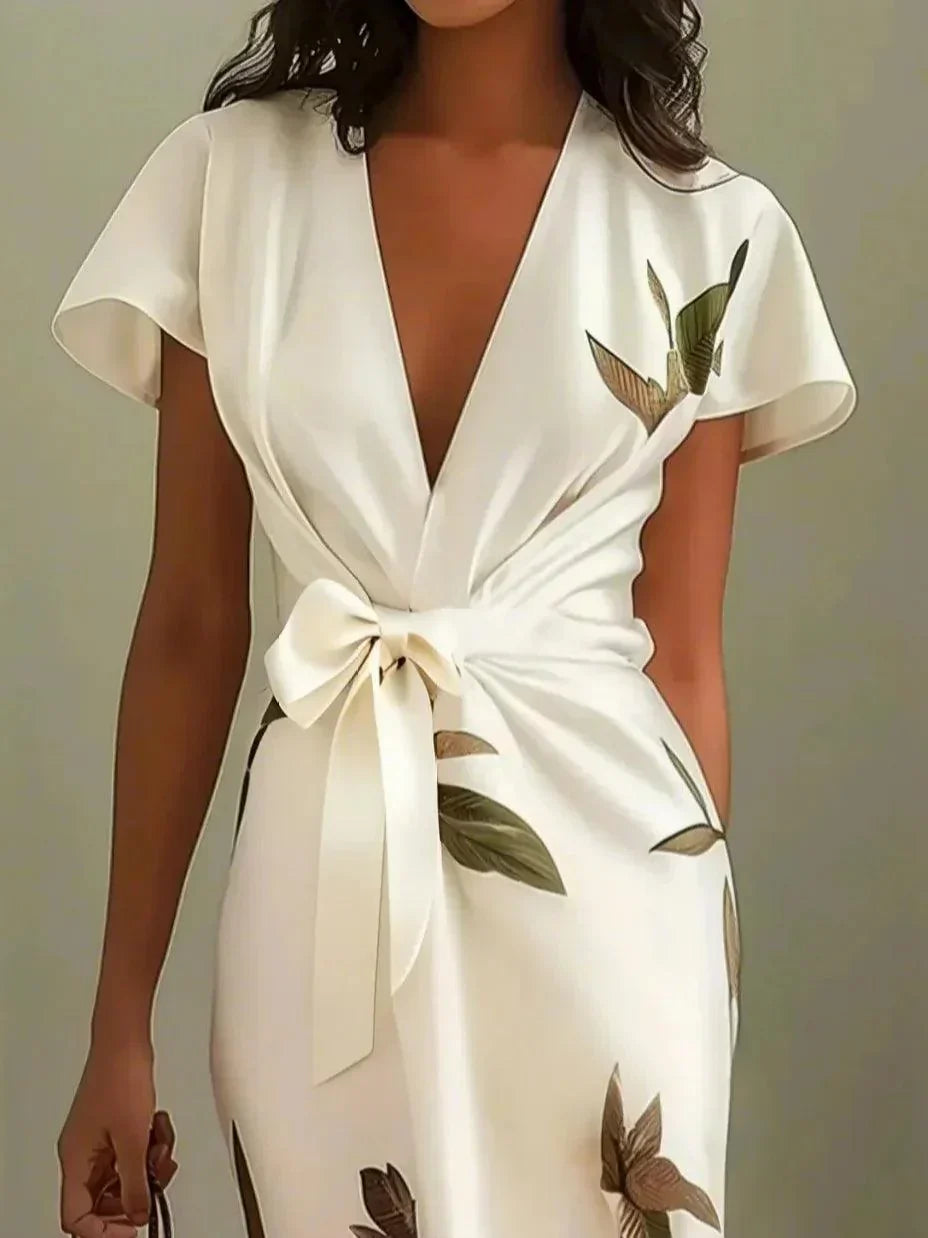 Form-fitting Florence satin dress with short sleeves and white leaf pattern - Elena Harper