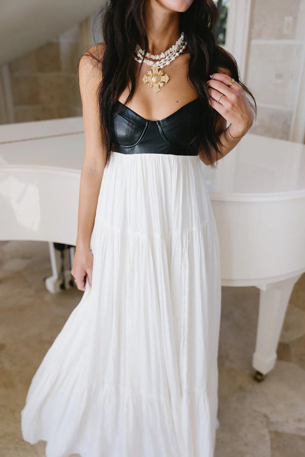 Stylish Leather Patchwork Suspender Casual Vacation Style Maxi Dresses, view 5 - Elena Harper