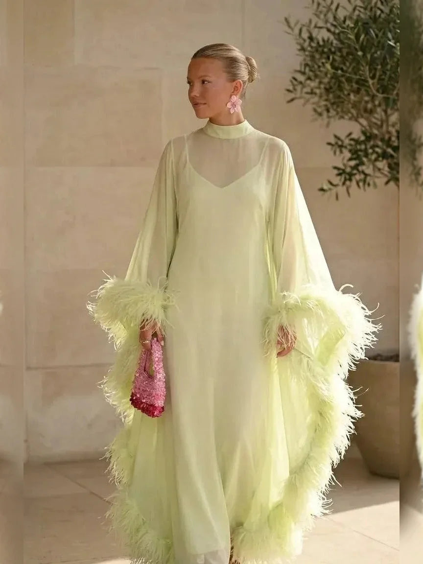 Lime Green Sheer Feather Cape Maxi Dress