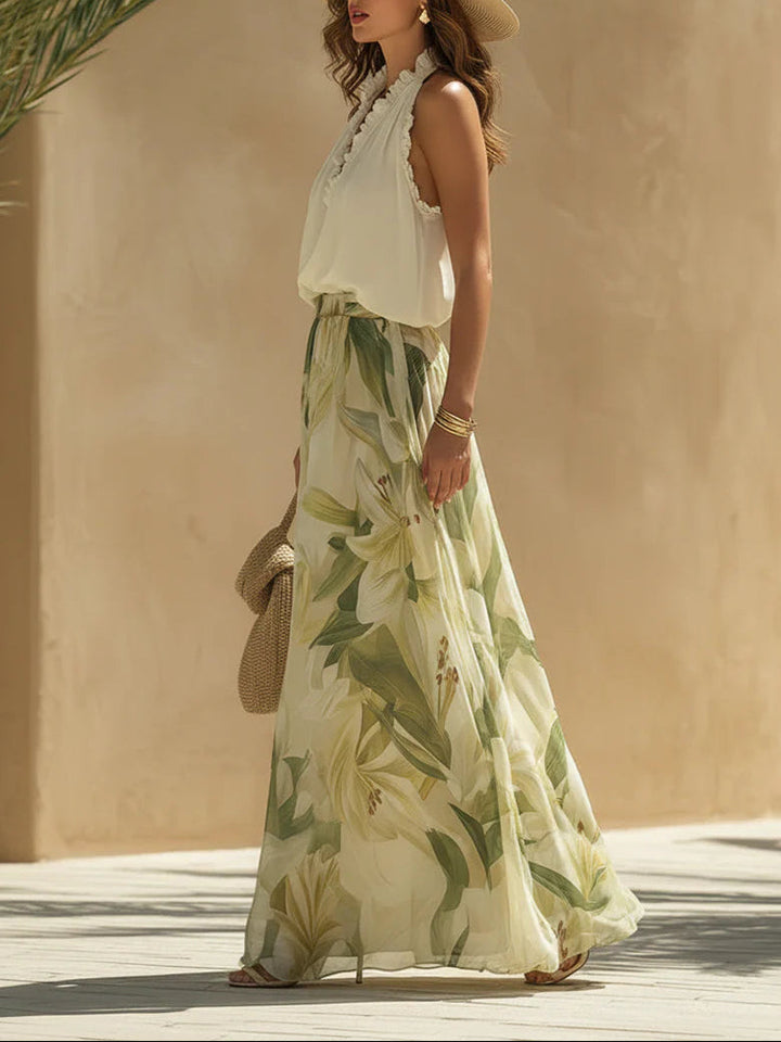 Alessandra Chiffon Sleeveless Top with Ruffles and Lilium Print Trousers - Elena Harper