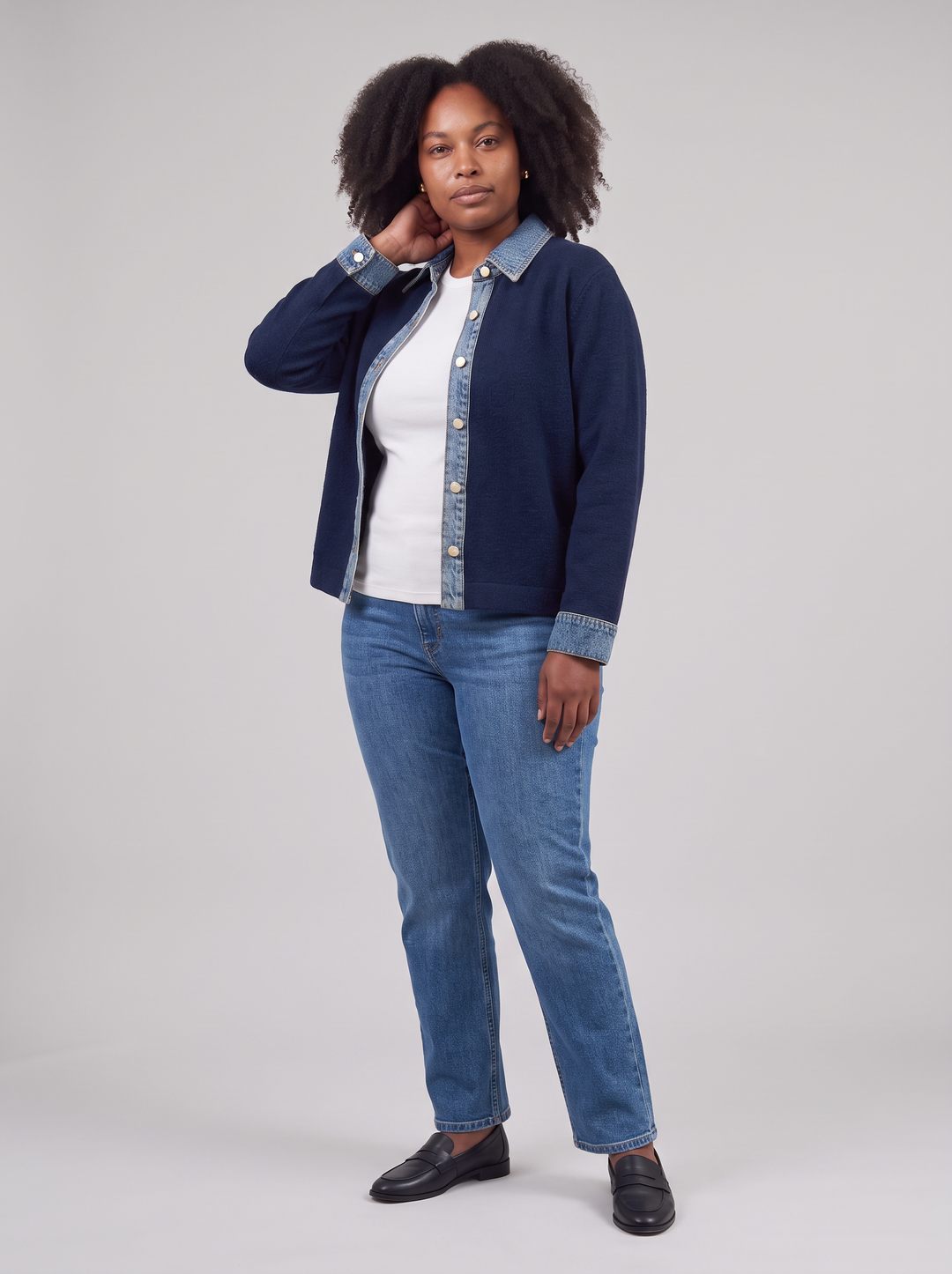 Navy Denim Collar Gold Button Cardigan