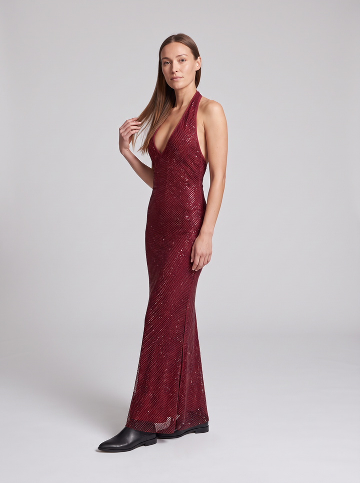 Burgundy Sequin Halter Maxi Dress
