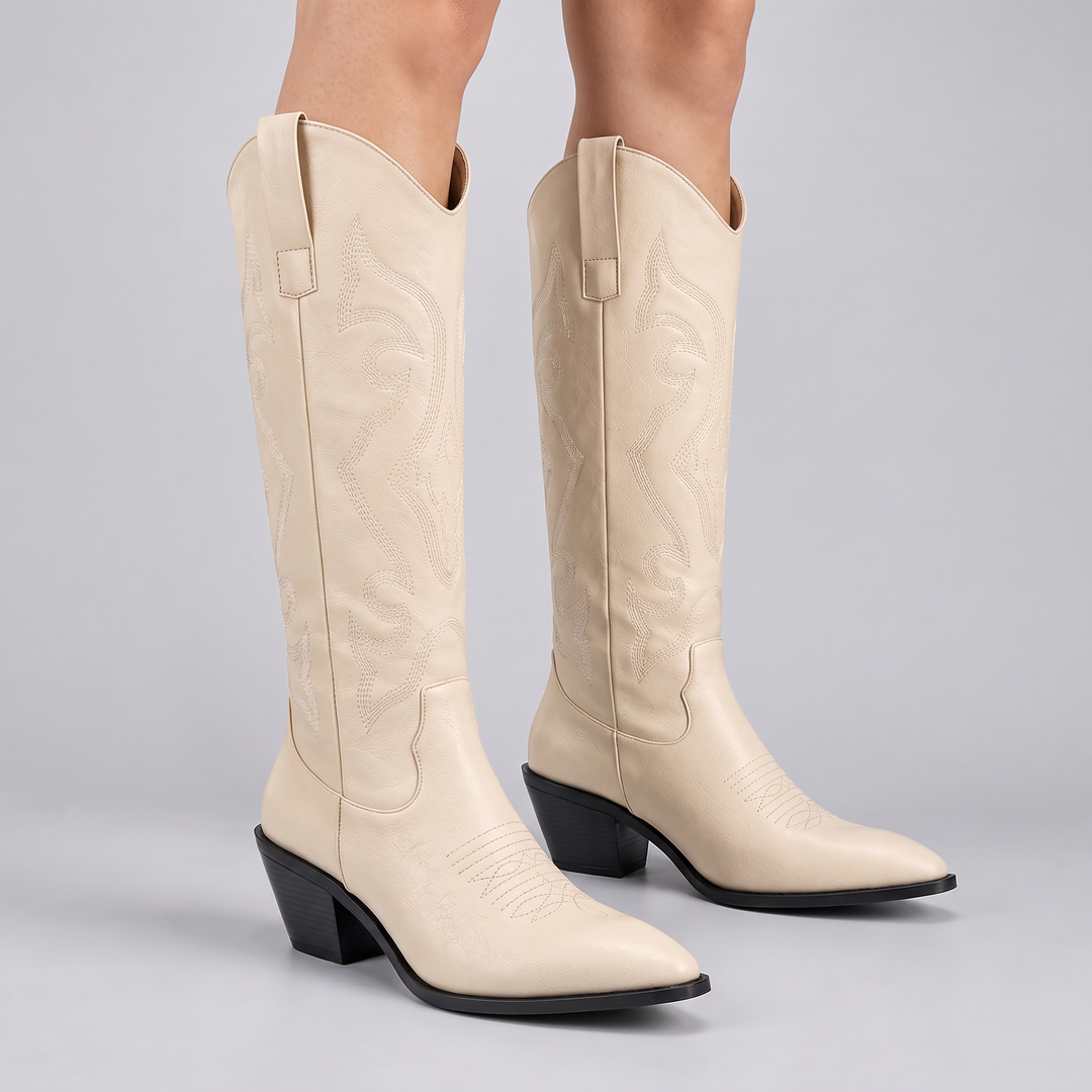 Beige Knee High Western Boots