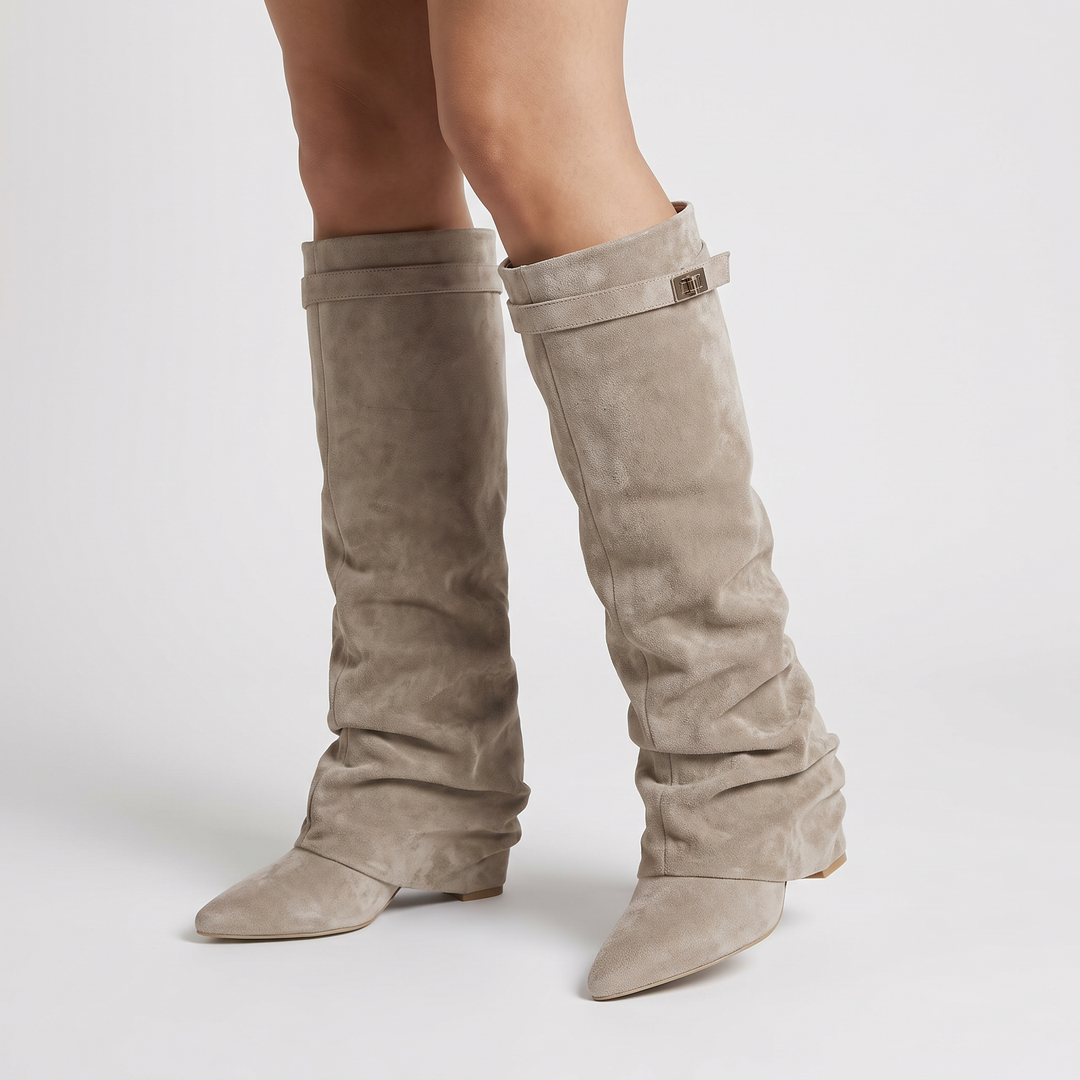 Beige Buckle Knee High Boots