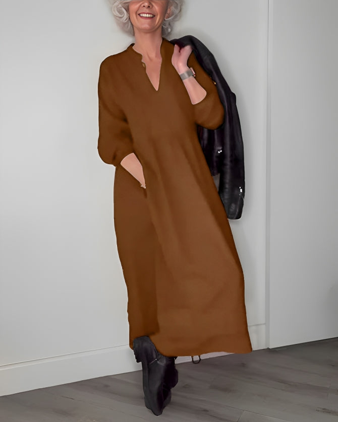 Amanda Elegant Long Sleeve V-neck Maxi Dress - Elena Harper
