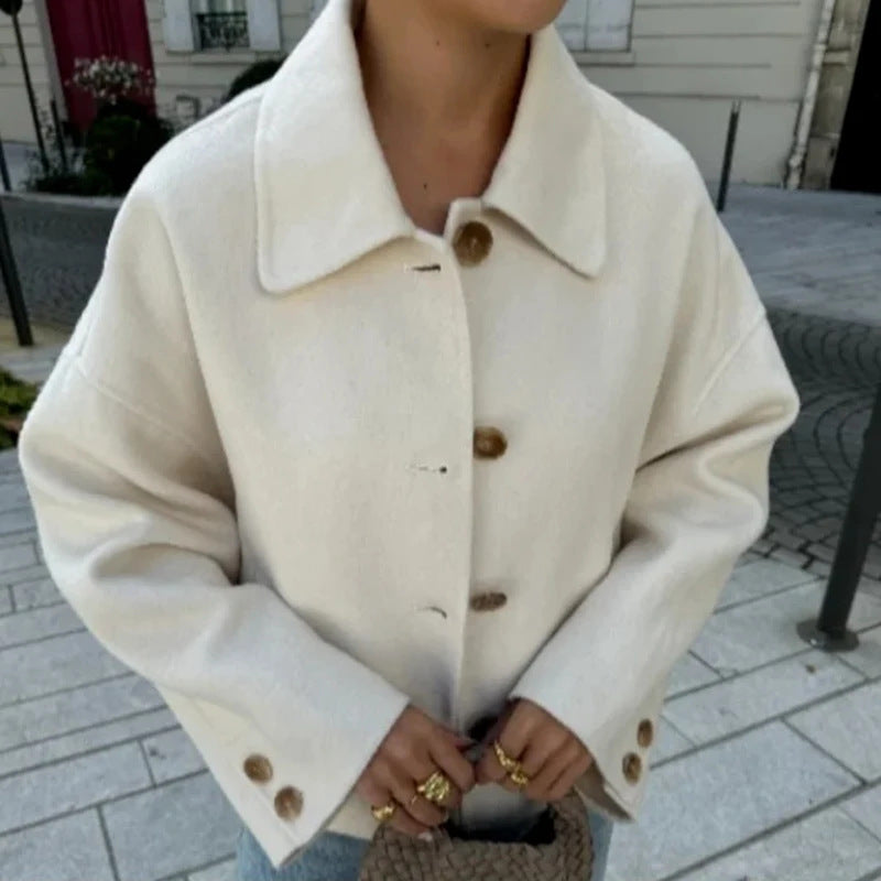 Short Women's Coat with Notched Collar - Chic and Soft