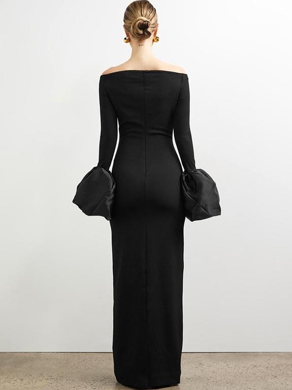 Long Sleeve Fitted Dress with Puff Sleeves and One-Shoulder Neckline