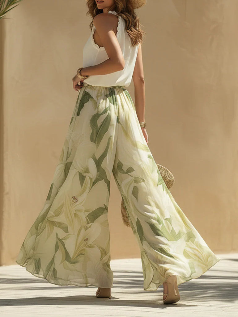 Alessandra Chiffon Sleeveless Top with Ruffles and Lilium Print Trousers - Elena Harper