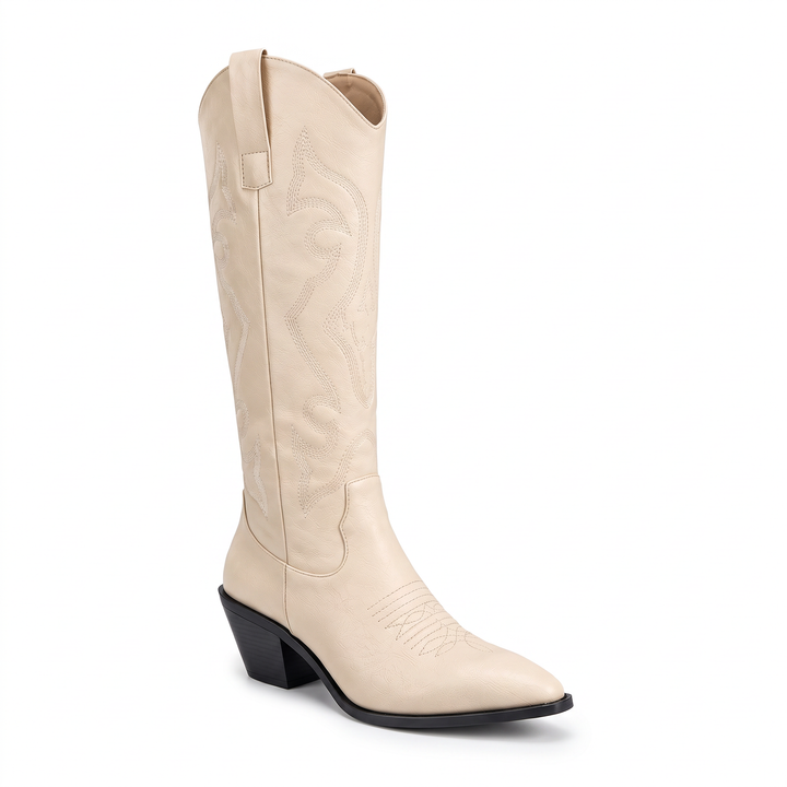Beige Knee High Western Boots