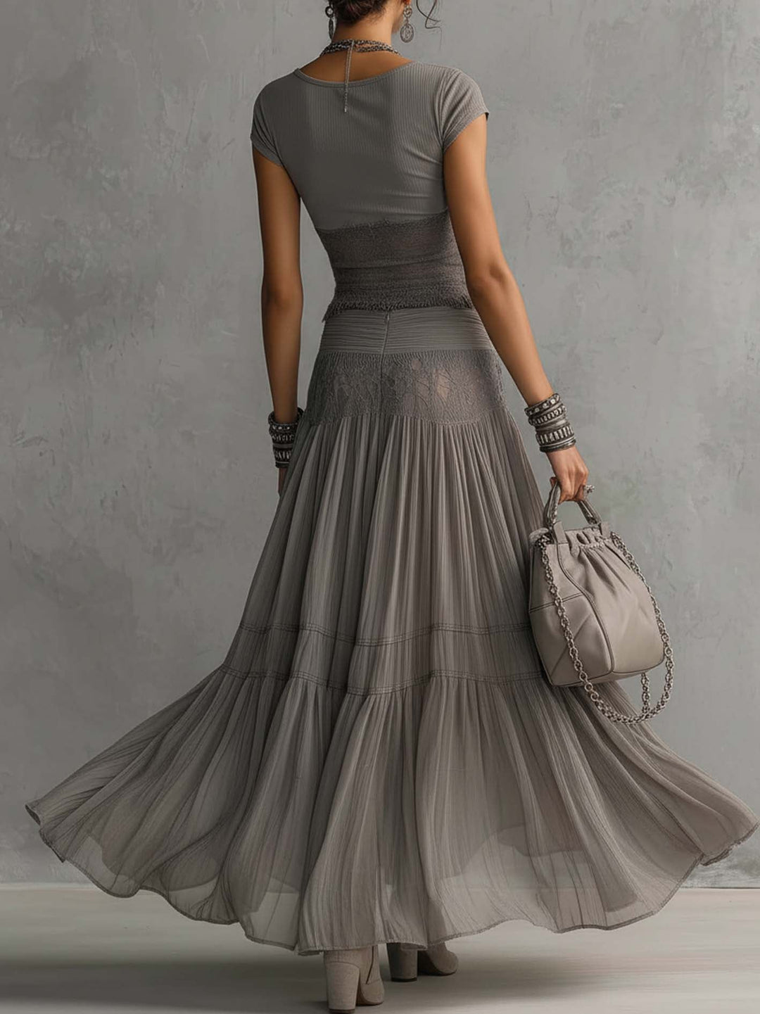 Alba - Complete set with gray top featuring lace panels and long pleated skirt