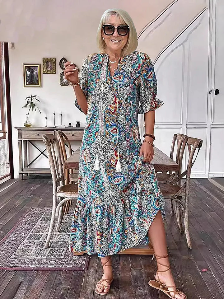 Carolette Boho Drawstring Neck Maxi Dress - Elena Harper