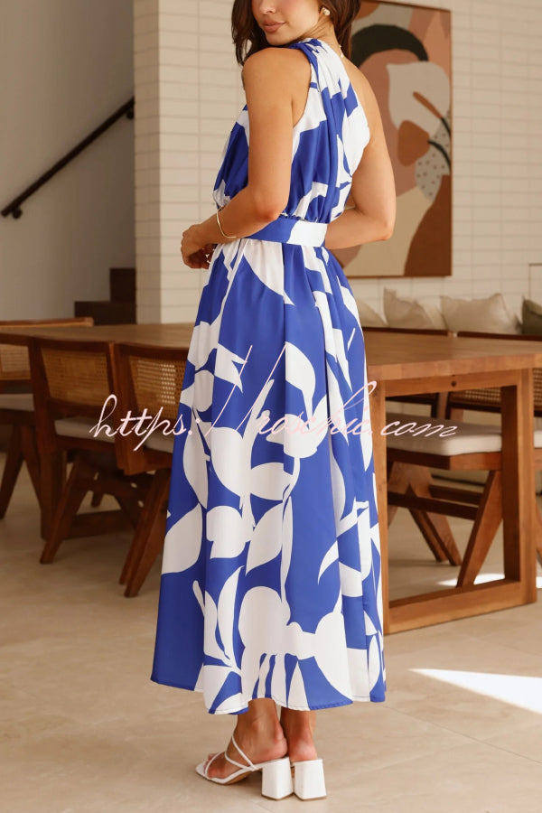 Unique Printed One-Shoulder Belt Casual Holiday Maxi Dress