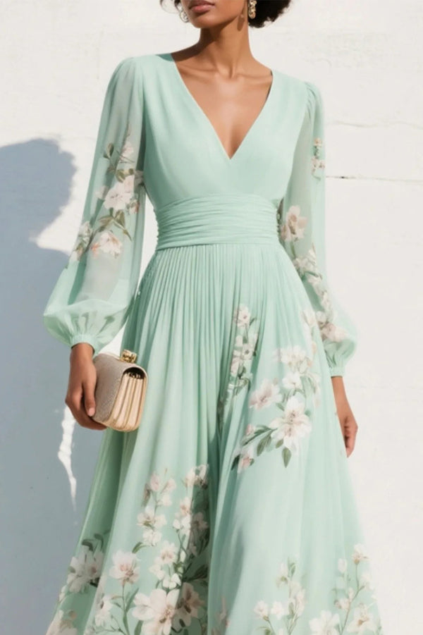 Floral Print V-neck Long-sleeved Fitted Waist Casual Maxi Dress, view 9 - Elena Harper