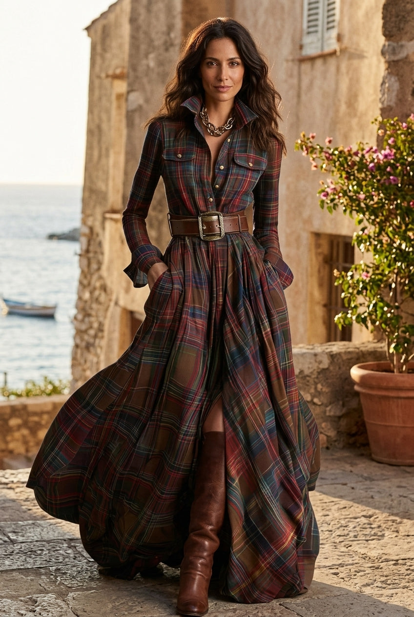 Timeless Check Maxi Dress Rustic and Refined Elegance - Elena Harper