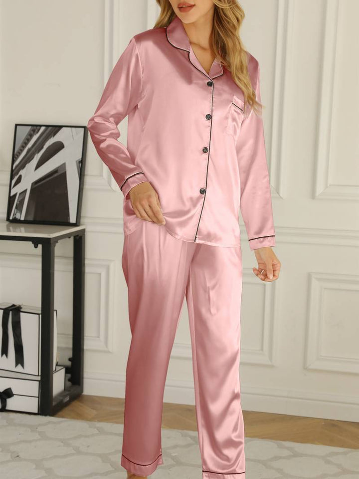Amber-Louise | Women's Satin Pajama Set with Button Closure and Long Pants