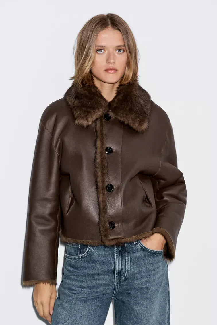 Kurie Reversible Leather Jacket with Fur Collar - Elena Harper