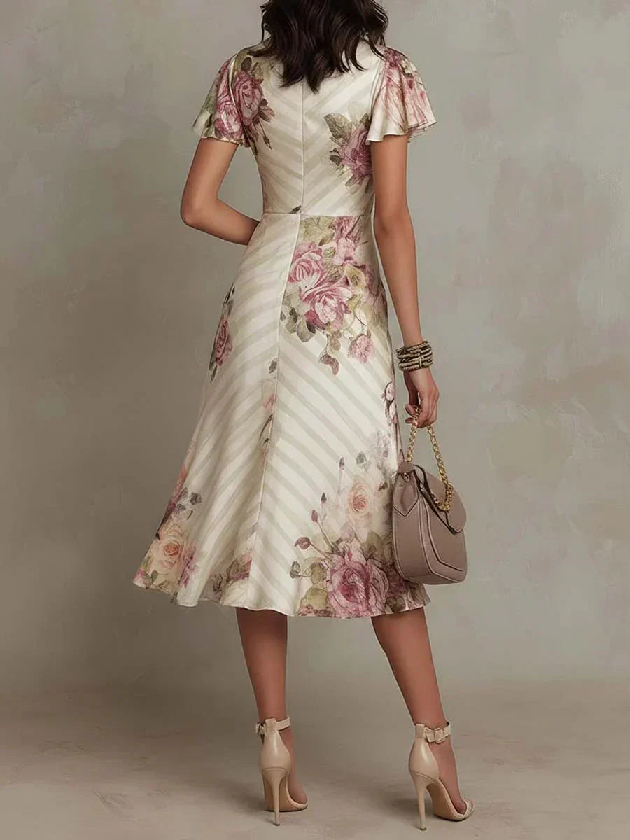 Alba Elegant Draped Midi Dress with Flowers - Elena Harper