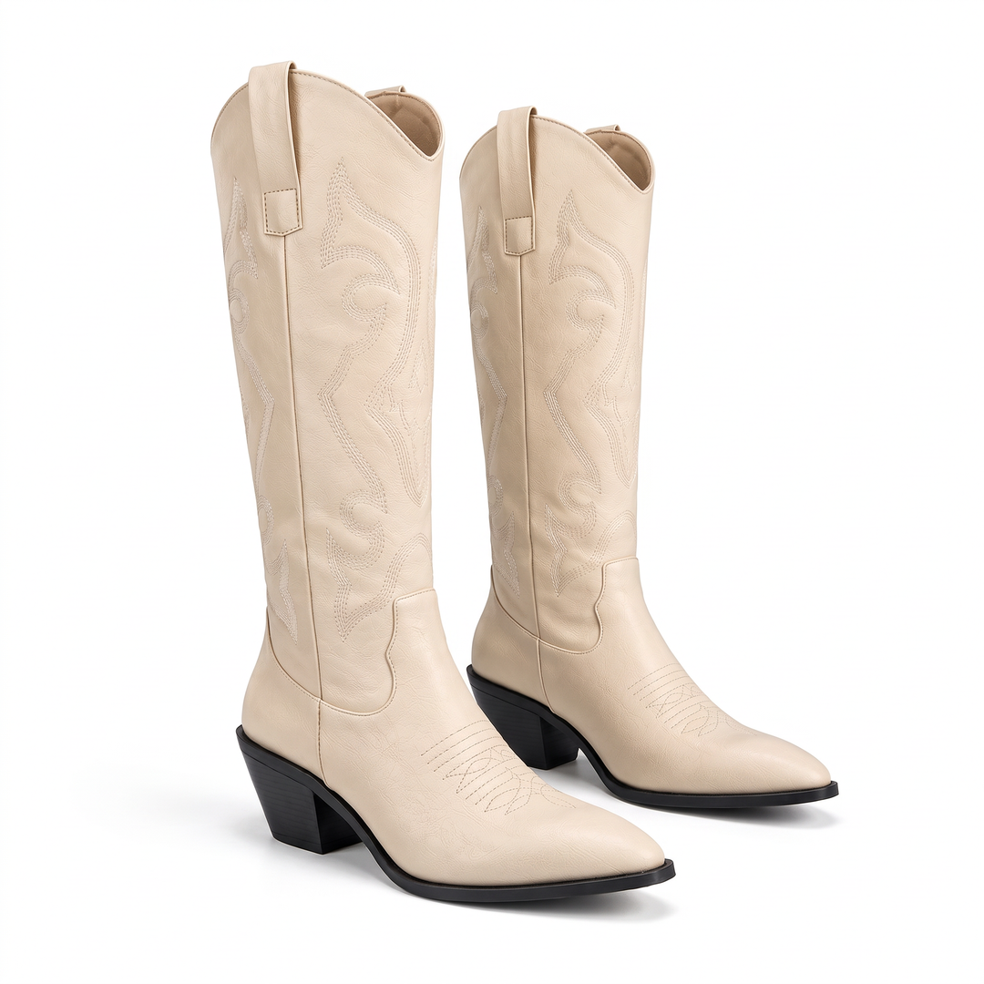 Beige Knee High Western Boots
