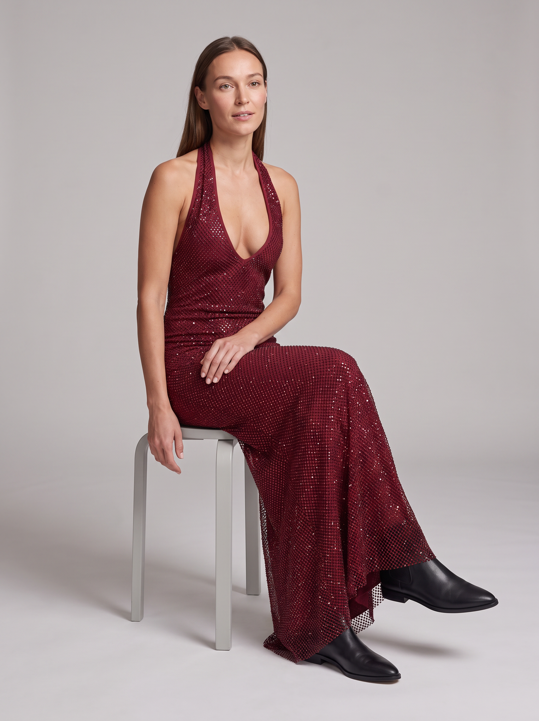 Burgundy Sequin Halter Maxi Dress