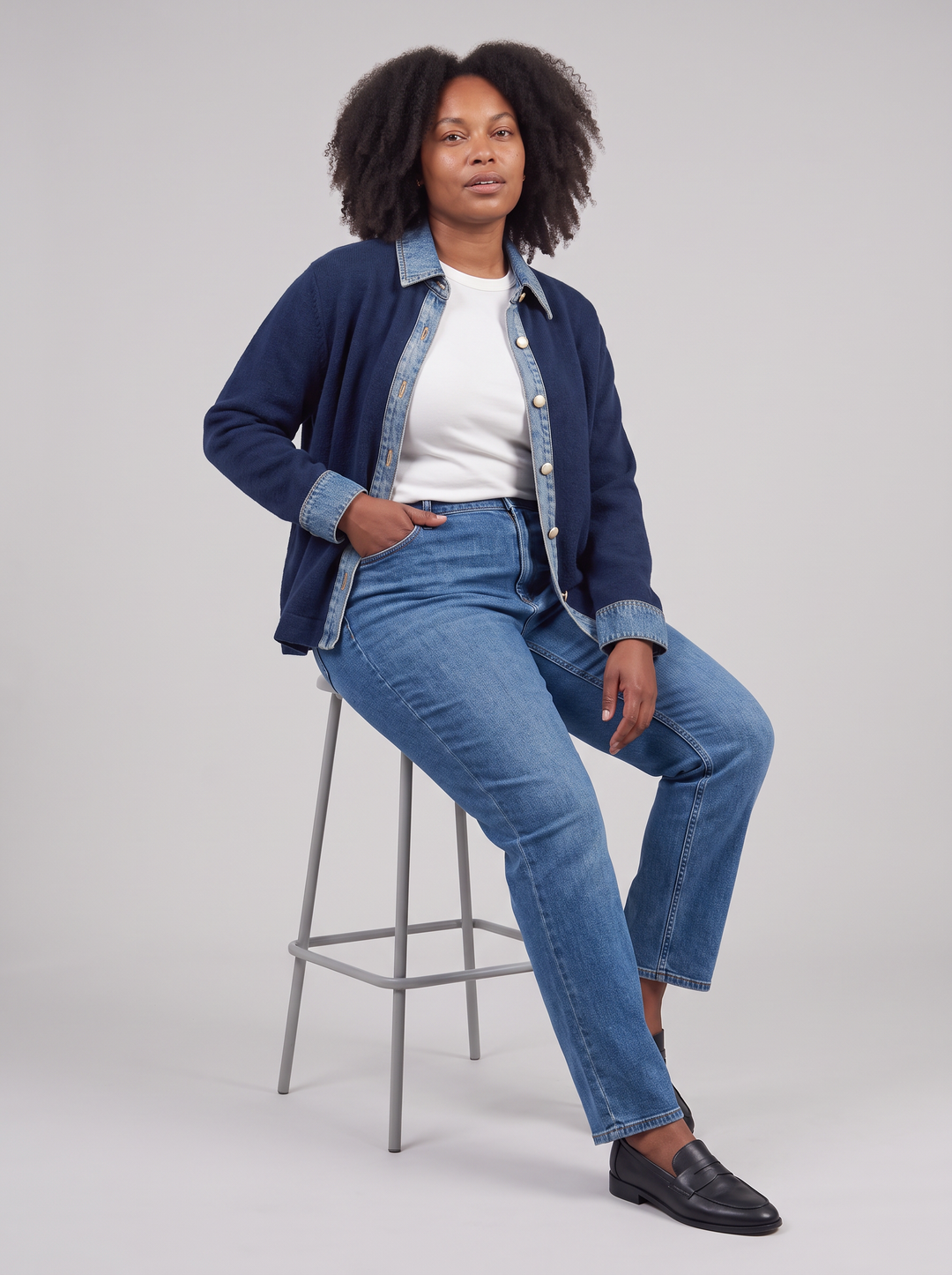 Navy Denim Collar Gold Button Cardigan