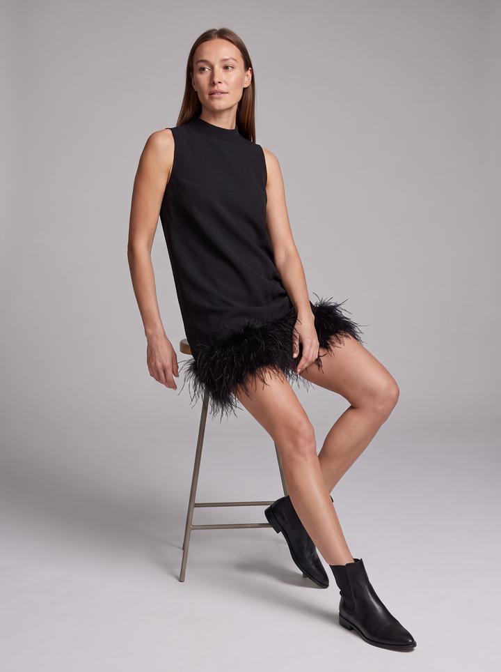 Feather Hem Mock Neck Cocktail Mini Dress