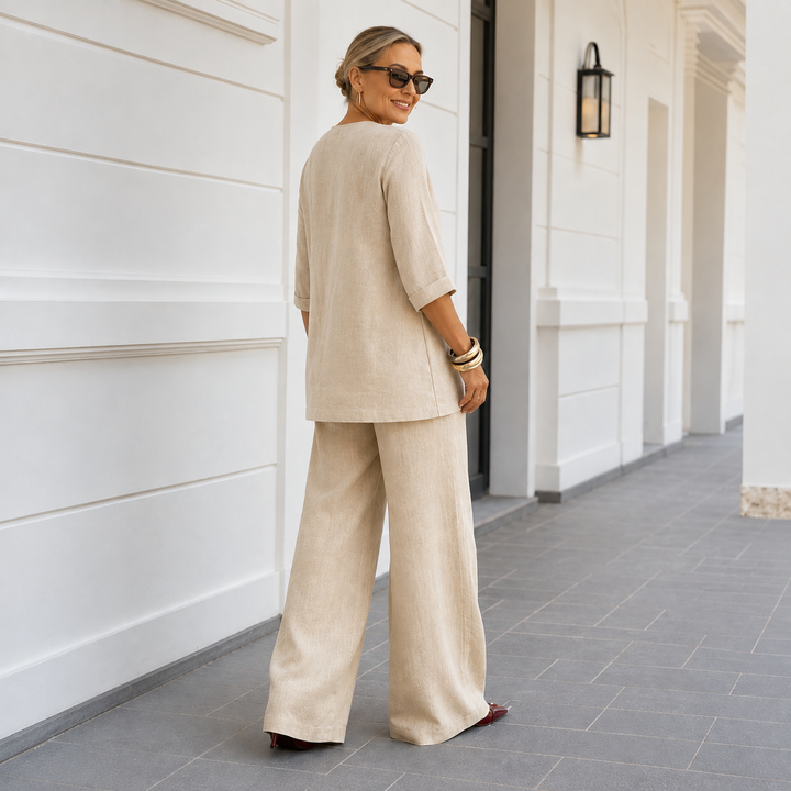 Draperly V-Neck Linen-Look Two-Piece Set - Elena Harper