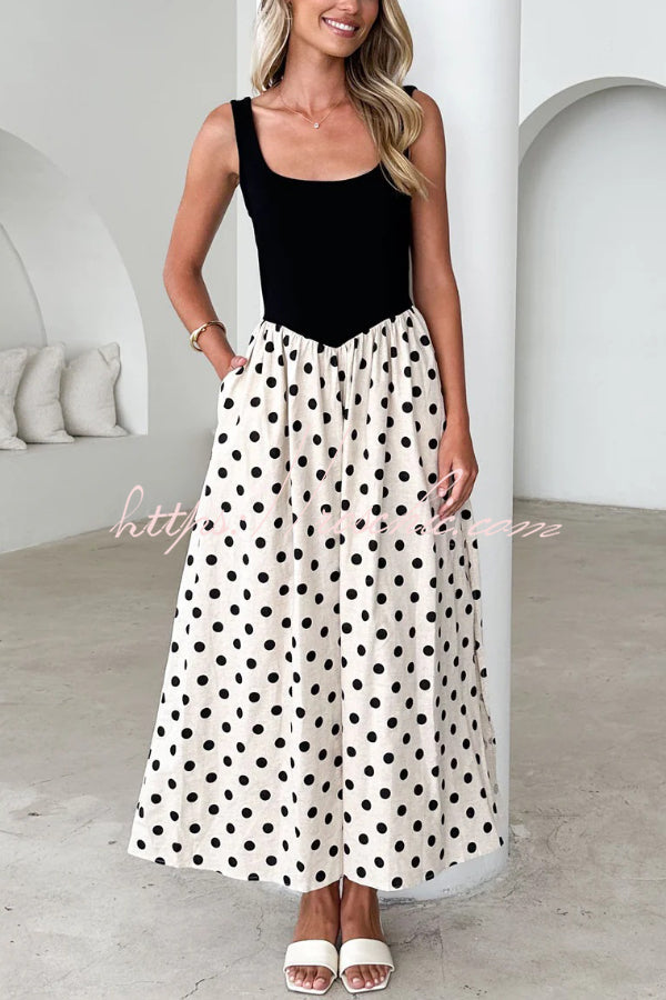 Black and White Color-blocked Polka Dot Print Sleeveless Casual Pocket Maxi Dress, view 2 - Elena Harper