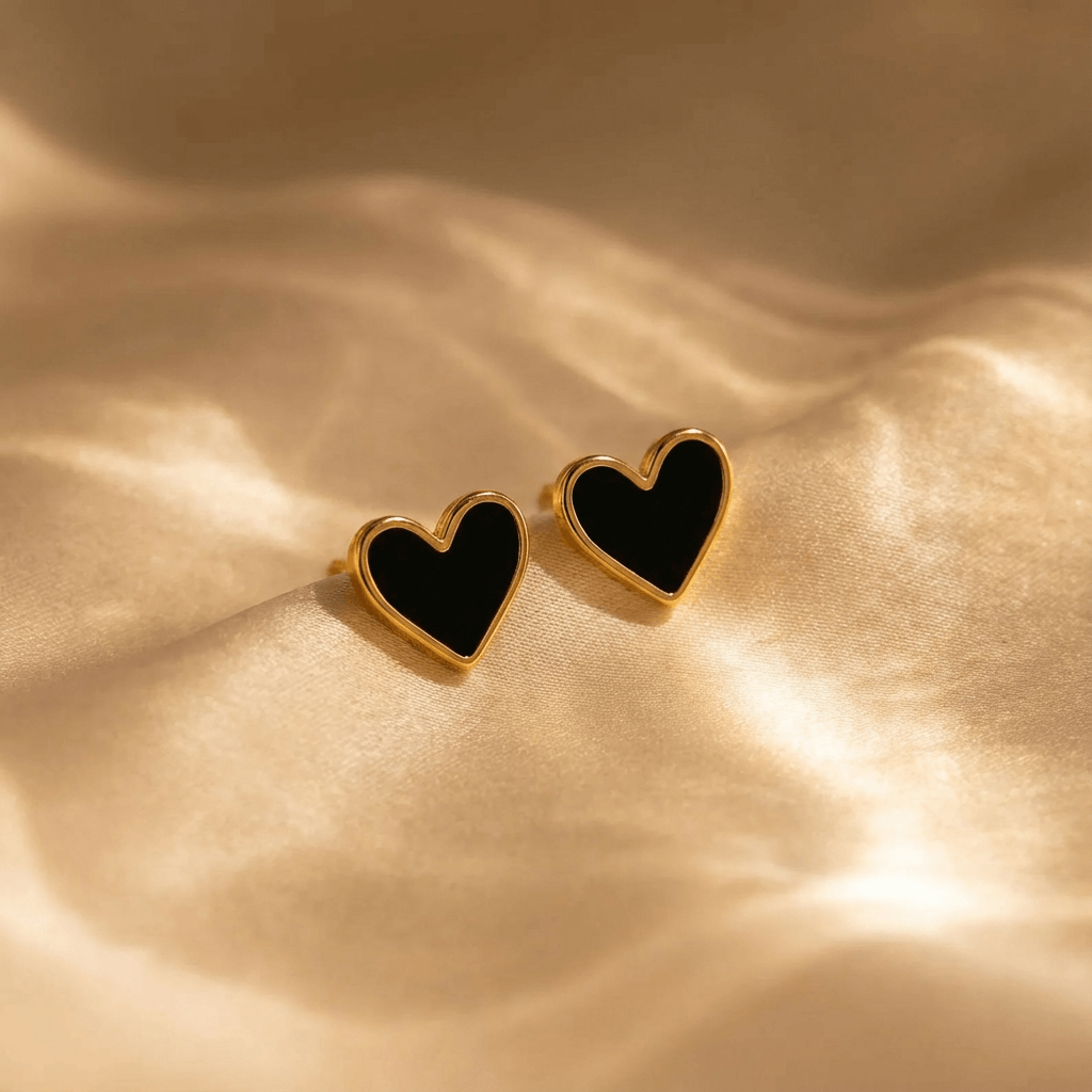 Elegant Boho Black Enamel Heart Stud Earrings - Elena Harper