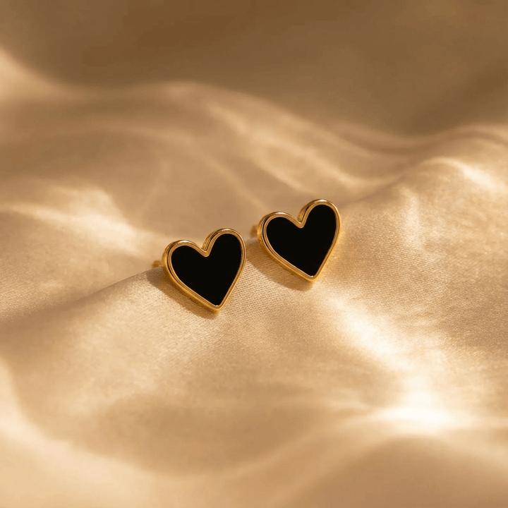 Elegant Boho Black Enamel Heart Stud Earrings - Elena Harper