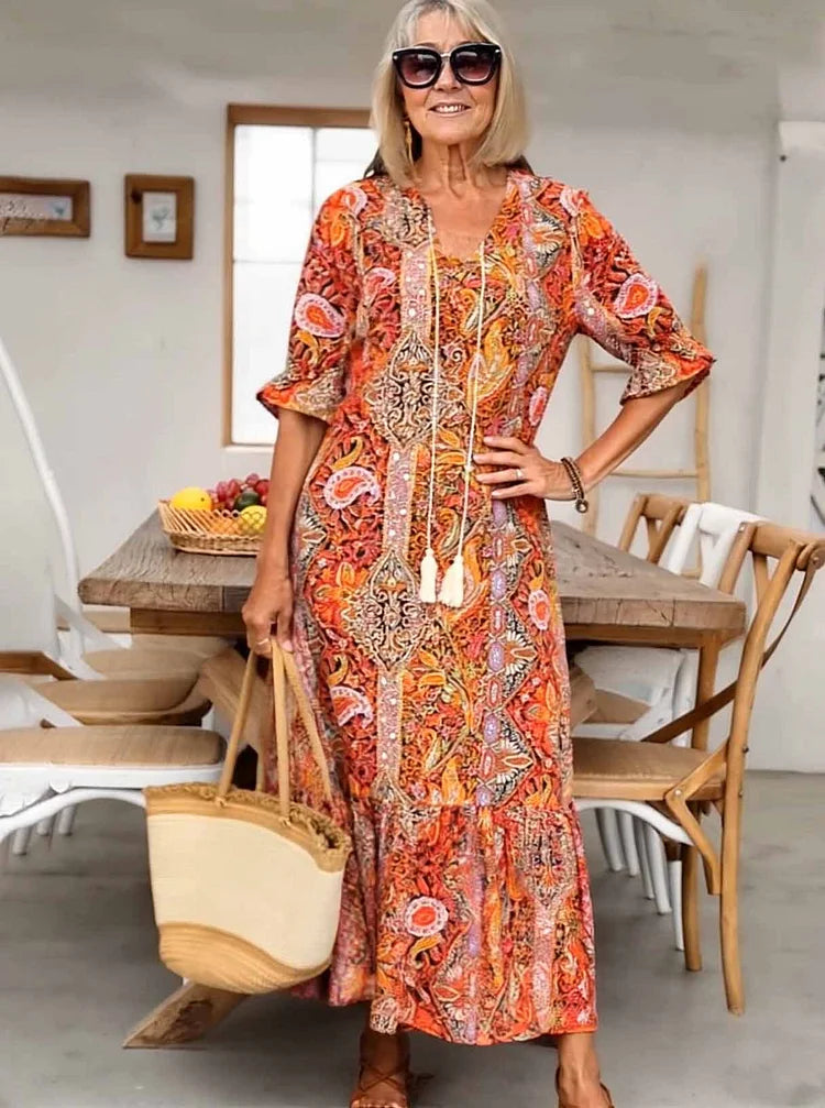 Carolette Boho Drawstring Neck Maxi Dress - Elena Harper