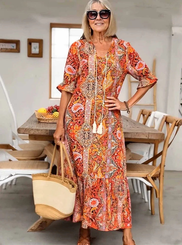 Carolette Boho Drawstring Neck Maxi Dress - Elena Harper