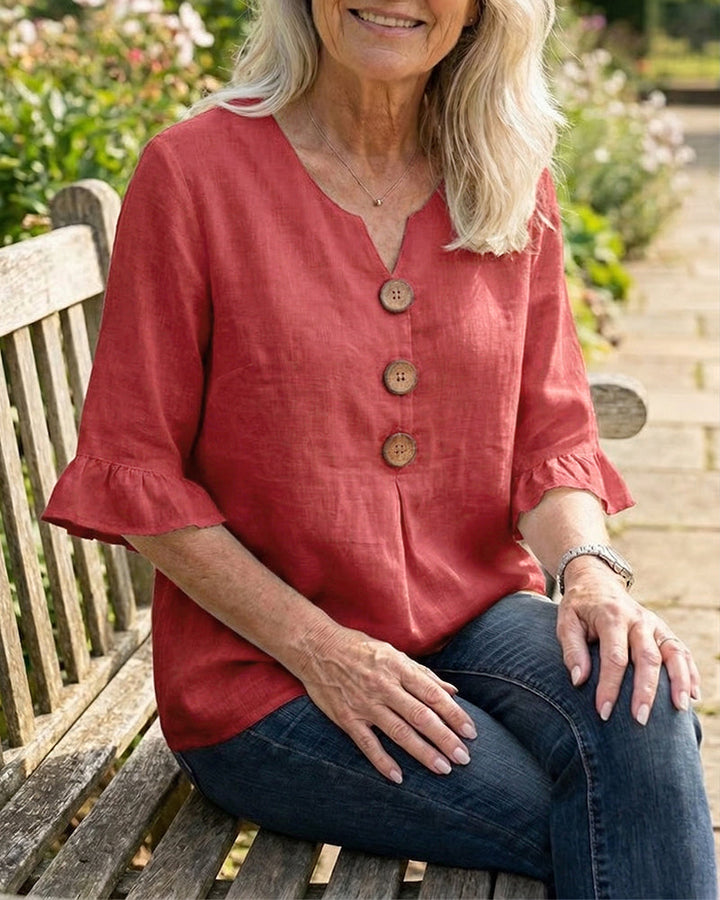 Janet V-Neck Blouse with Wooden Buttons and Ruffled Sleeves - Elena Harper