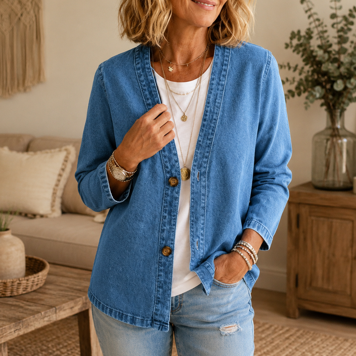 Drapella Collarless Soft-Denim-Look Button-Down Cardigan - Elena Harper