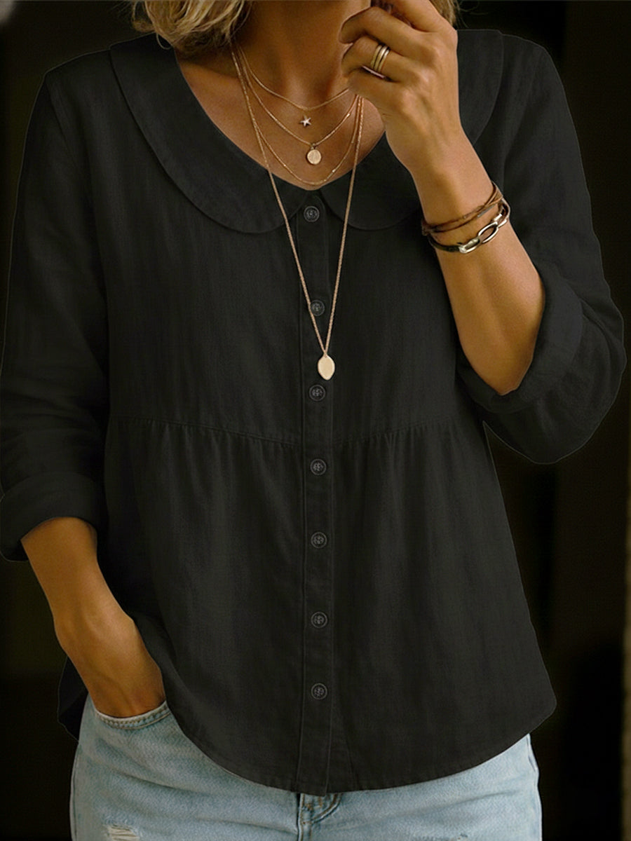 Linen Blouse with Button Closure and Notched Collar for Women